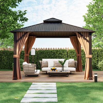 12 x 12 Feet Double-Roof Patio Hardtop Gazebo with Galvanized Steel Roof Netting and Curtains