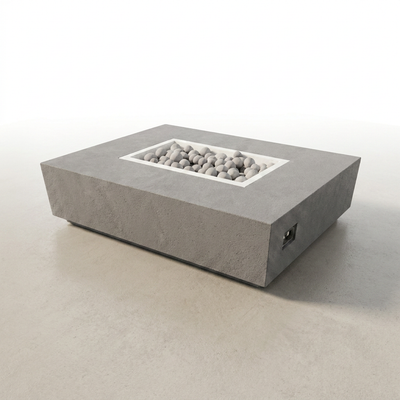 Concrete Fire Pit Table Built for Outdoor Entertaining, Rectangular Design, Ceramic Wind Guard, Grilling Surface