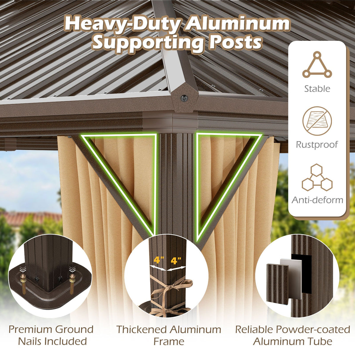16 x 12 Hardtop Gazebo Aluminum Frame Permanent Pavilion with Curtains