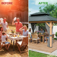 11 Ft. X 13 Ft. Double Roof Hardtop Wooden Patio Gazebo with Netting and Gray Curtains — Before & After