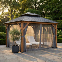 11 Ft. X 13 Ft. Double Roof Hardtop Wooden Patio Gazebo with Netting and Gray Curtains — Studio Shot