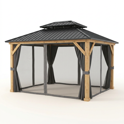 Hardtop Patio Gazebo Built for All-Season Use, 11x13 Ft Double Roof, Aluminum Frame, Netting & Curtains