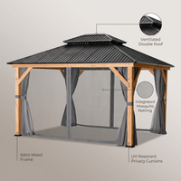 11 Ft. X 13 Ft. Double Roof Hardtop Wooden Patio Gazebo with Netting and Gray Curtains — infographic