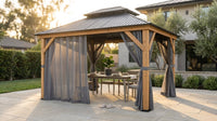 11 Ft. X 13 Ft. Double Roof Hardtop Wooden Patio Gazebo with Netting and Gray Curtains — Lifestyle