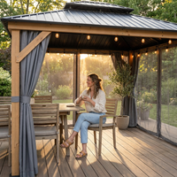 11 Ft. X 13 Ft. Double Roof Hardtop Wooden Patio Gazebo with Netting and Gray Curtains — Lifestyle