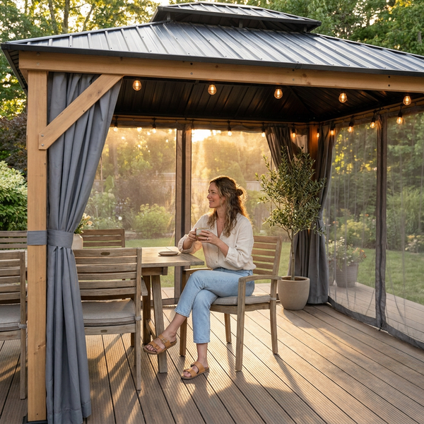 Hardtop Patio Gazebo Built for All-Season Use, 11x13 Ft Double Roof, Aluminum Frame, Netting & Curtains