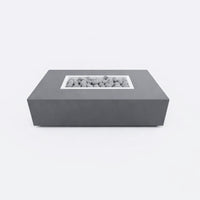 Concrete Fire Pit Table Built for Outdoor Entertaining, Rectangular Design, Ceramic Wind Guard, Grilling Surface