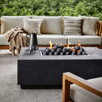 Concrete Fire Pit Table Built for Outdoor Entertaining, Rectangular Design, Ceramic Wind Guard, Grilling Surface