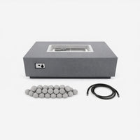 Concrete Fire Pit Table Built for Outdoor Entertaining, Rectangular Design, Ceramic Wind Guard, Grilling Surface