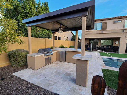 Outdoor Kitchen BBQ Island with 12' x 12' Pergola – Built-In 4-Burner Grill, Refrigerator, and Lighting