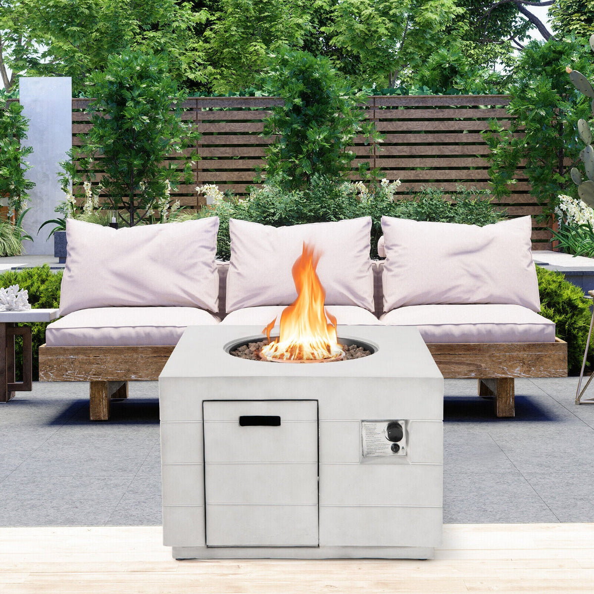 34 Inch Square Concrete Propane Fire Pit Table with Lava Rocks