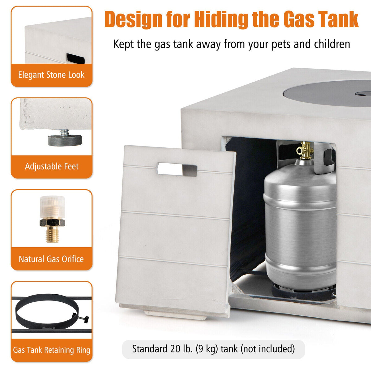 34 Inch Square Concrete Propane Fire Pit Table with Lava Rocks