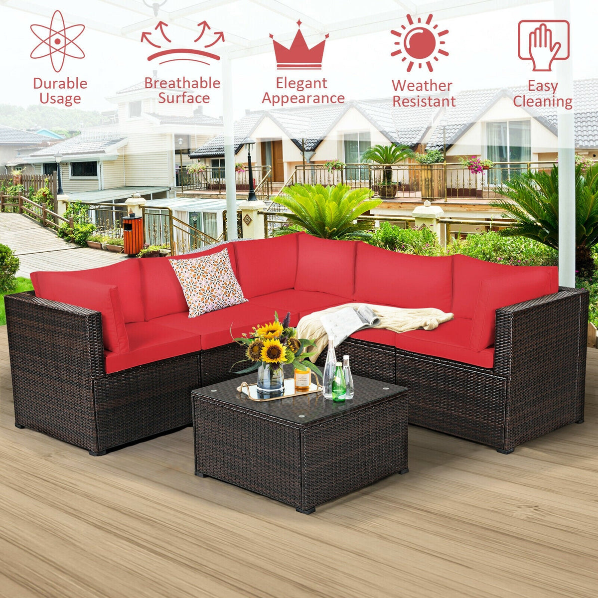 6 Pieces Patio Furniture Sofa Set with Cushions