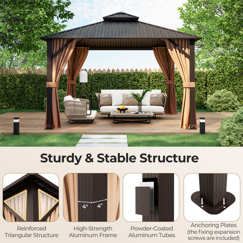 12 X 12 Feet Double-Roof Patio Hardtop Gazebo with Galvanized Steel Roof Netting and Curtains
