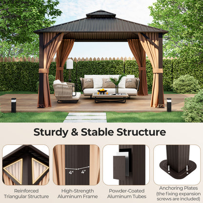 12 X 12 Feet Double-Roof Patio Hardtop Gazebo with Galvanized Steel Roof Netting and Curtains