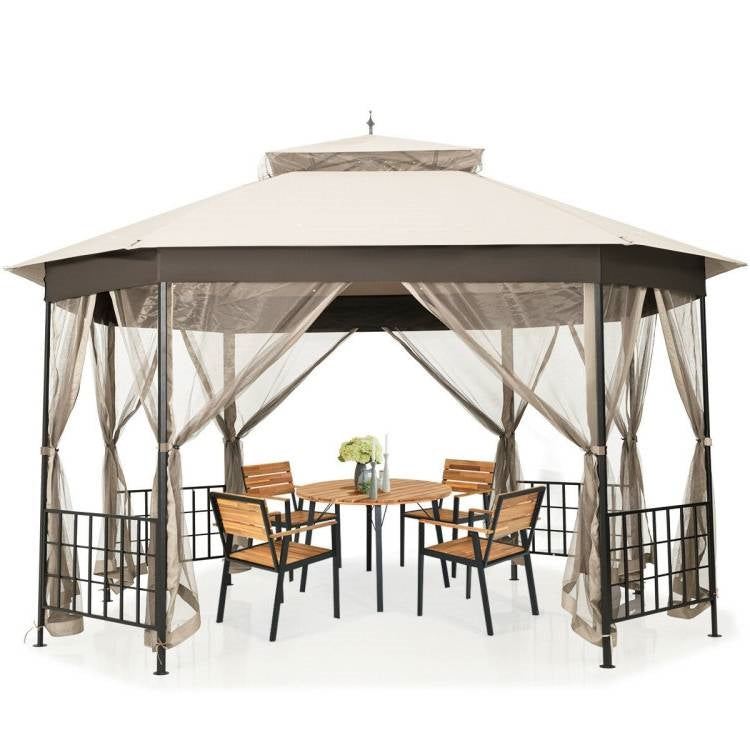 10 x 12 Ft Octagon Gazebo with Mosquito Net Sidewalls and Beige Canopy