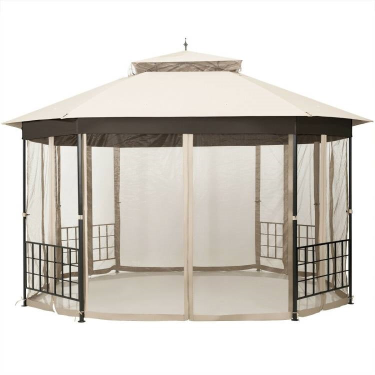 10 x 12 Ft Octagon Gazebo with Mosquito Net Sidewalls and Beige Canopy