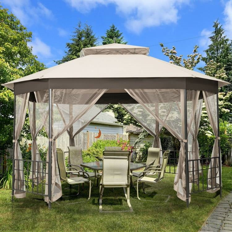 10 x 12 Ft Octagon Gazebo with Mosquito Net Sidewalls and Beige Canopy