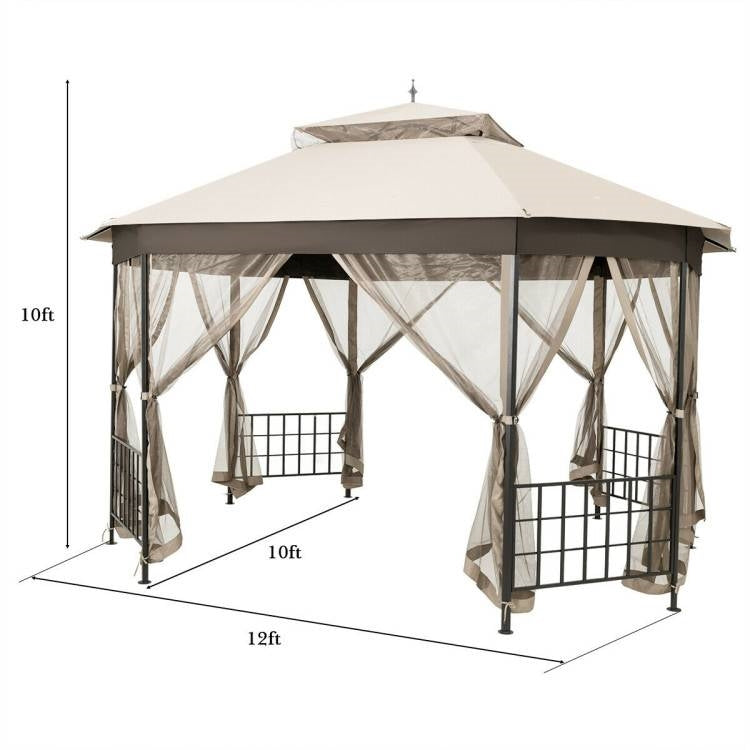 10 x 12 Ft Octagon Gazebo with Mosquito Net Sidewalls and Beige Canopy