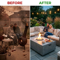 Rectangular Fire Pit Table Built for Outdoor Entertaining, Concrete Construction, Ceramic Wind Guard, Grilling Surface — Before & After