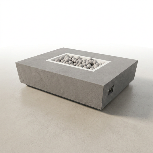 Rectangular Fire Pit Table Built for Outdoor Entertaining, Concrete Construction, Ceramic Wind Guard, Grilling Surface — Studio Shot