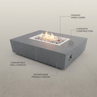 Rectangular Fire Pit Table Built for Outdoor Entertaining, Concrete Construction, Ceramic Wind Guard, Grilling Surface — infographic