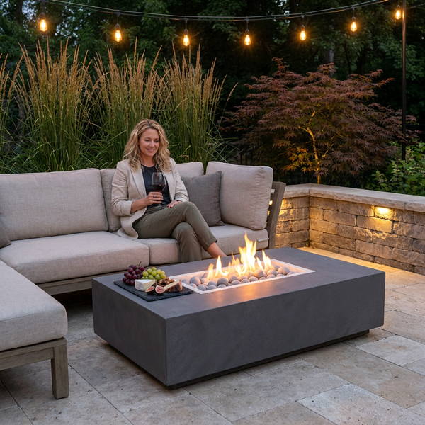 Concrete Fire Pit Table Built for Outdoor Entertaining, Rectangular Design, Ceramic Wind Guard, Grilling Surface