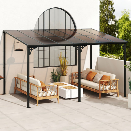 Wall-Mounted Patio Gazebo Large Outdoor Hardtop Pergola with Sloped Polycarbonate Roof