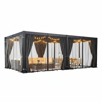 12' X 20' Louvered Pergola, Outdoor Pergola with Curtains & Netting, Metal Patio Pergola with Adjustable Louvers Roof and Gutter System, Metal Hardtop Gazebo for Patio, Deck, Garden, Yard, Dark Gray