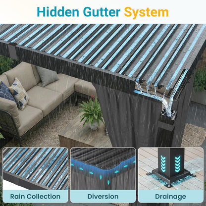 12' X 20' Louvered Pergola, Outdoor Pergola with Curtains & Netting, Metal Patio Pergola with Adjustable Louvers Roof and Gutter System, Metal Hardtop Gazebo for Patio, Deck, Garden, Yard, Dark Gray
