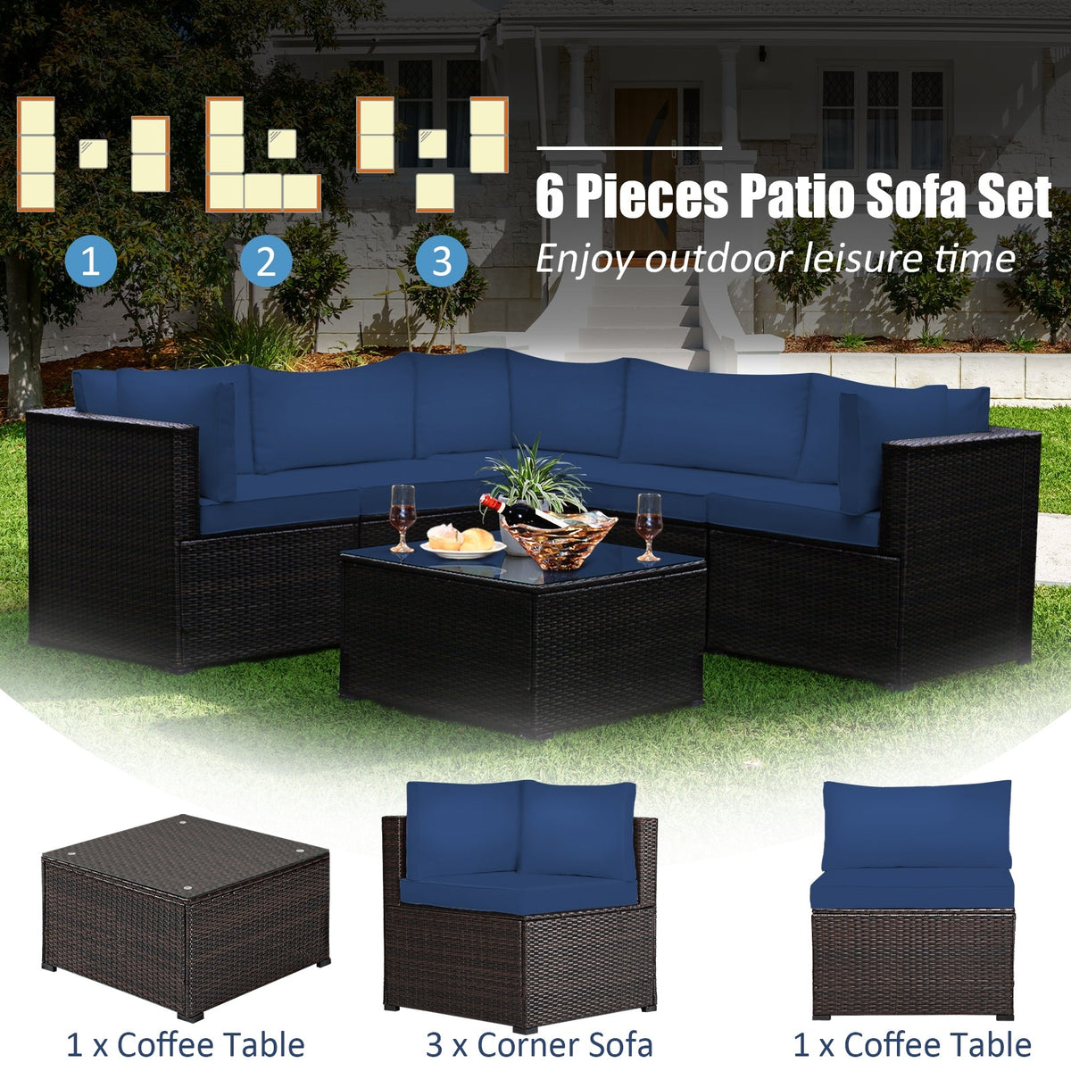 6 Pieces Patio Furniture Sofa Set with Cushions