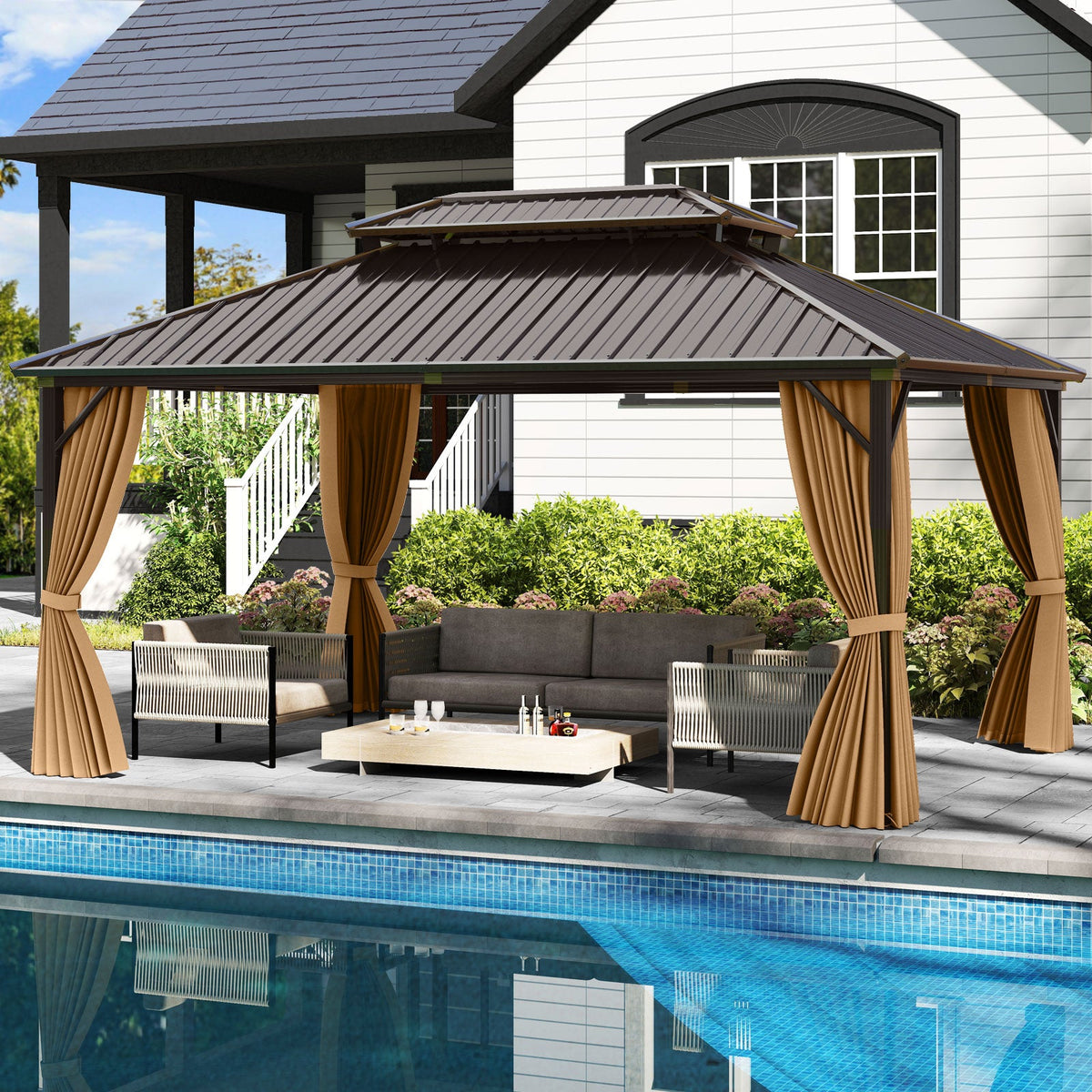 16 x 12 Hardtop Gazebo Aluminum Frame Permanent Pavilion with Curtains