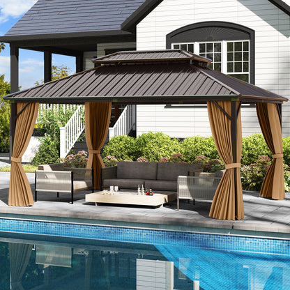 16 x 12 Hardtop Gazebo Aluminum Frame Permanent Pavilion with Curtains