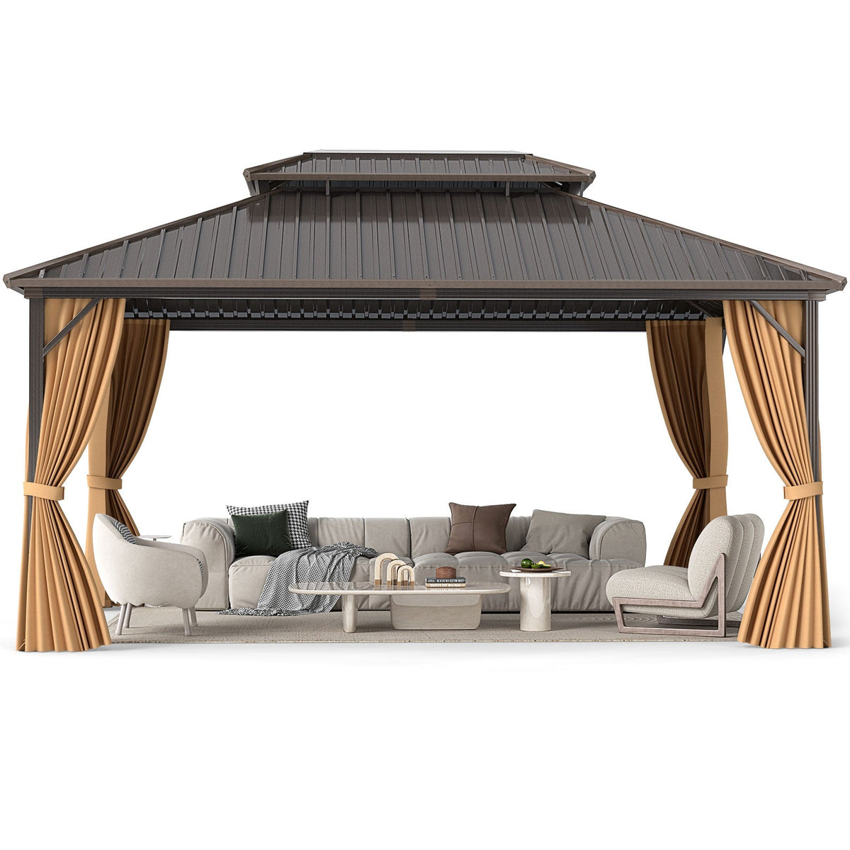 16 x 12 Hardtop Gazebo Aluminum Frame Permanent Pavilion with Curtains