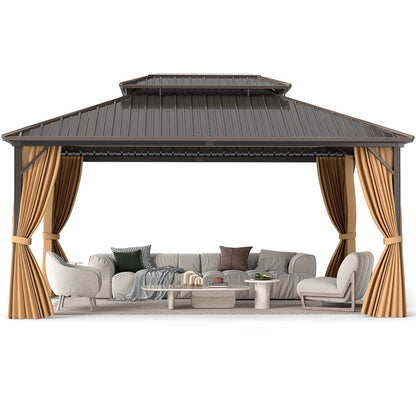 16 x 12 Hardtop Gazebo Aluminum Frame Permanent Pavilion with Curtains