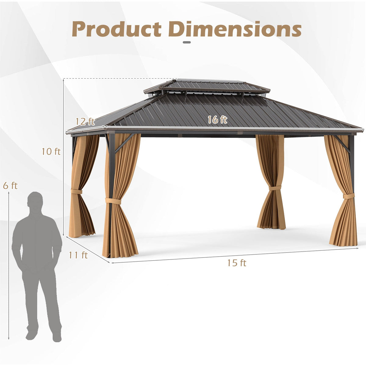 16 x 12 Hardtop Gazebo Aluminum Frame Permanent Pavilion with Curtains