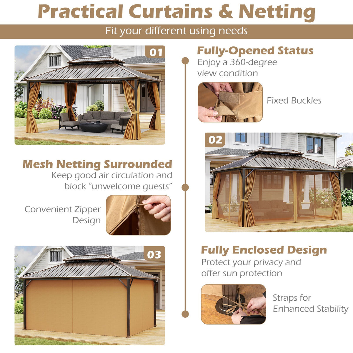 16 x 12 Hardtop Gazebo Aluminum Frame Permanent Pavilion with Curtains