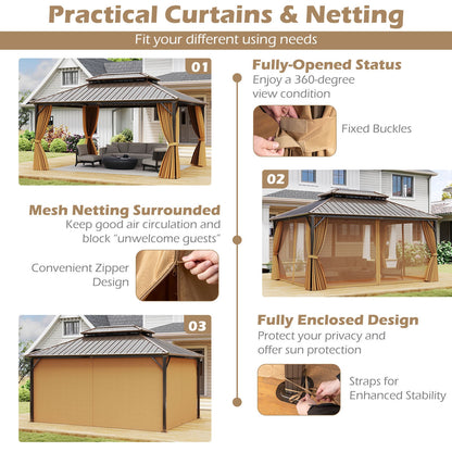 16 x 12 Hardtop Gazebo Aluminum Frame Permanent Pavilion with Curtains